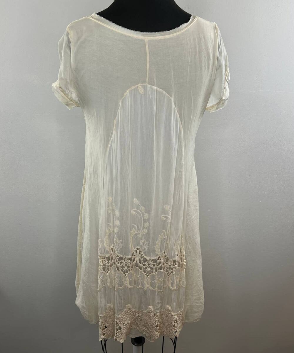 Women's White Ivory Casual Scoop Neck High Low Embroidered Silk Mini Dress S